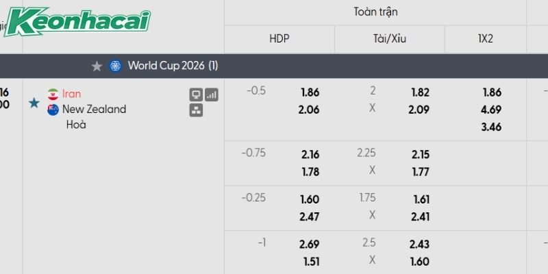 Tỷ lệ kèo Iran vs New Zealand